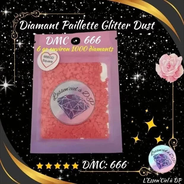 Diamant Paillette Glitter Dust: DMC 666 - Diamant Carré - Diamond Painting - Broderie à Diamant - Art Thérapie