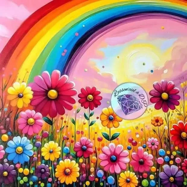 Art Thérapie - Toile de Diamond Painting Arc-en-ciel Fleuri Multicolore. Un arc-en-ciel descend sur un parterre de fleurs épanouies. - Broderie à Diamant - Dimension de la toile: 60 x 60 cm