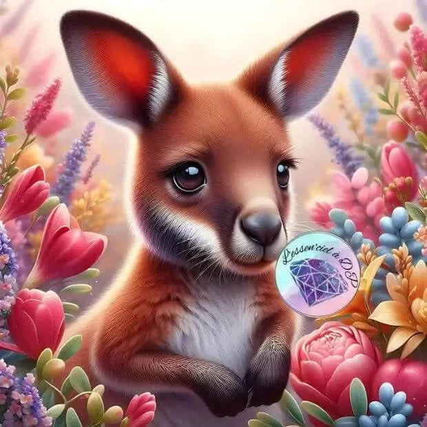 Art Thérapie - Toile Diamond Painting Bébé Kangourou Entouré de Fleurs - Broderie à Diamant - Dimension de la toile: 60 x 60 cm - avec un adorable bébé kangourou à pelage marron, et ses petites pattes pendantes