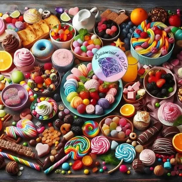 Art Thérapie - Toile Diamond Painting Buffet Sucré Coloré - Broderie à Diamant - Dimension de la toile: 60 x 60 cm - avec son buffet débordant de sucreries aux couleurs éclatantes et une variété alléchante de douceurs