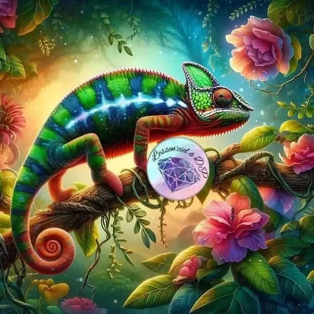 Art Thérapie - Diamond Painting Caméléon Aux Aguets - un caméléon avec une grâce naturelle aux aguets sur une branche fleurie. - Broderie à Diamant - Dimension de la toile: 60 x 60 cm