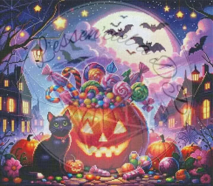 Art Thérapie - Toile Diamond Painting Candy Hunt Halloween - Broderie à Diamant - Dimension de la toile: 52.5 x 60 cm - Chat noir aux yeux verts perçants - citrouille au sourire démoniaque
