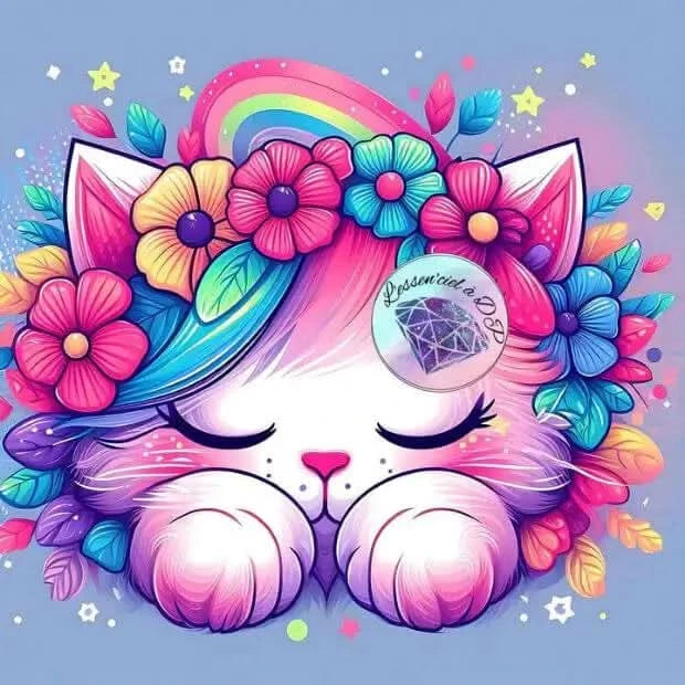 Art Thérapie - Toile Diamond Painting Chat Fleuri Assoupi - Broderie à Diamant - Dimension de la toile: 60 x 60 cm - mettant en scène un petit chat blanc de style manga, vu de face, avec ses petites pattes et ses fleurs
