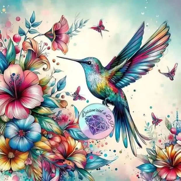 Art Thérapie - Toile Diamond Painting Colibri - Broderie à Diamant - Dimension de la toile: 60 x 60 cm - Ce colibri en vol stationnaire, prêt à butiner une fleur