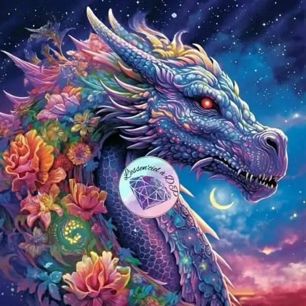 Art Thérapie - Toile Diamond Painting Dragon Fleurs - Broderie à Diamant - Dimension de la toile: 60 x 60 cm