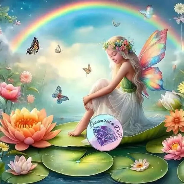 Art Thérapie - Toile Diamond Painting Fée Rêveuse - Broderie à Diamant - Dimension de la toile: 60 x 60 cm - Essenciel à DP - Une jolie fée, dotée d'ailes de papillon aux couleurs de l'arc-en-ciel, est assise sur un nénuphar