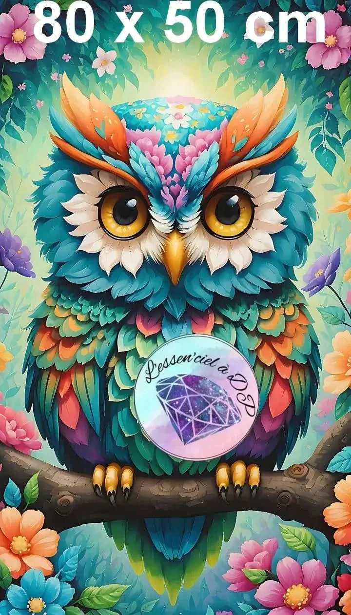 Art Thérapie - Toile Diamond Painting Hibou Multicolore - Broderie à Diamant - Dimension de la toile: 80 x 50 cm