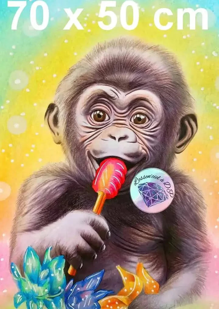 Art Thérapie - Toile de Diamond Painting Jeune Singe Gourmand - Broderie à Diamant - Dimension: 70 x 50 cm