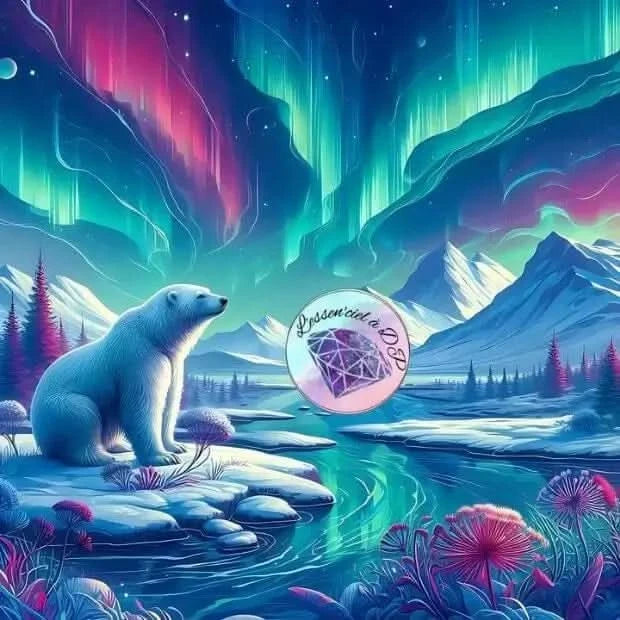 Art Thérapie - Toile de Diamond Painting Ours Blanc Polaire - Un majestueux ours blanc sous une aurore boréale près d'une rivière glaciale - Broderie à Diamant - Dimension de la toile: 60 x 60 cm