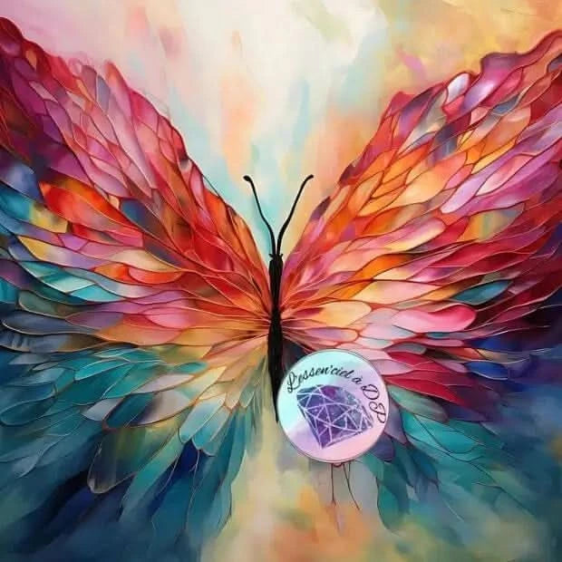Art Thérapie - Diamond Painting Papillon de Cristal - Broderie à Diamant - Dimension de la toile: 60 x 60 cm - avec des grandes ailes iridescentes présentant un dégradé de couleurs allant du rouge fuchsia au bleu