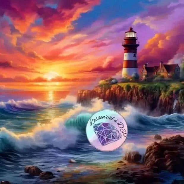 Art Thérapie - Diamond Painting Phare au Soleil Couchant - une scène captivante où un phare majestueux se dresse devant une mer déchaînée avec des vagues - Broderie à Diamant - Dimension de la toile: 60 x 60 cm