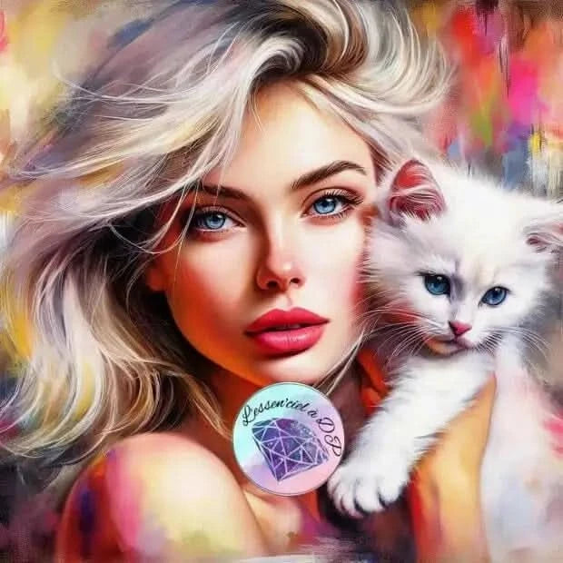 Art Thérapie - Toile Diamond Painting Portrait de Femme et son Chat, mettant en scène une superbe femme aux traits fins qui tient dans ses bras un chaton blanc - Broderie à Diamant - Dimension de la toile: 60 x 60 cm