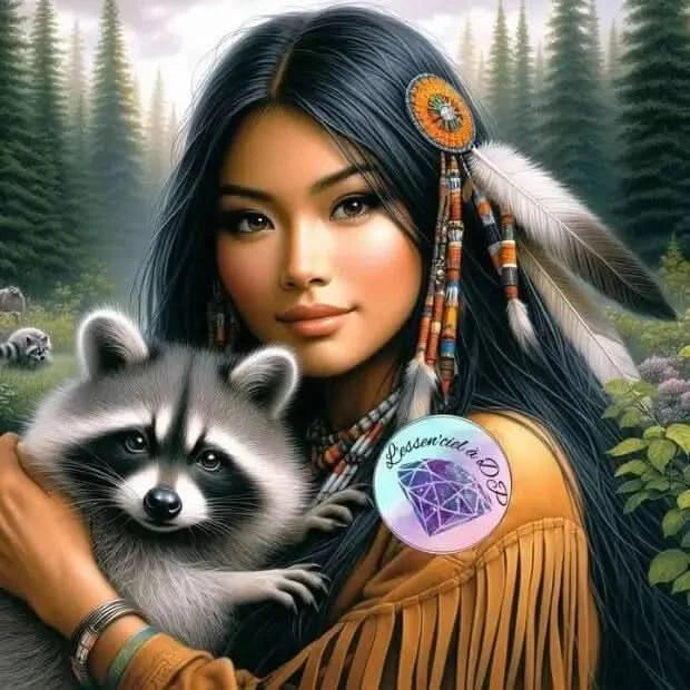 Art Thérapie - Toile Diamond Painting Princesse Indigène Aimante - Broderie à Diamant - Dimension de la toile: 60 x 60 cm - Elle tient dans ses bras un magnifique Raton Laveur dans une forêt luxuriante de pins