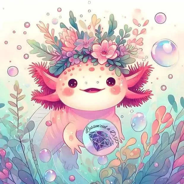 Art Thérapie - Toile Diamond Painting Axolotl - Broderie à Diamant - Dimension de la toile: 60 x 60 cm - Axolotl Rose Albinos avec une belle couronne de fleurs sur la tête