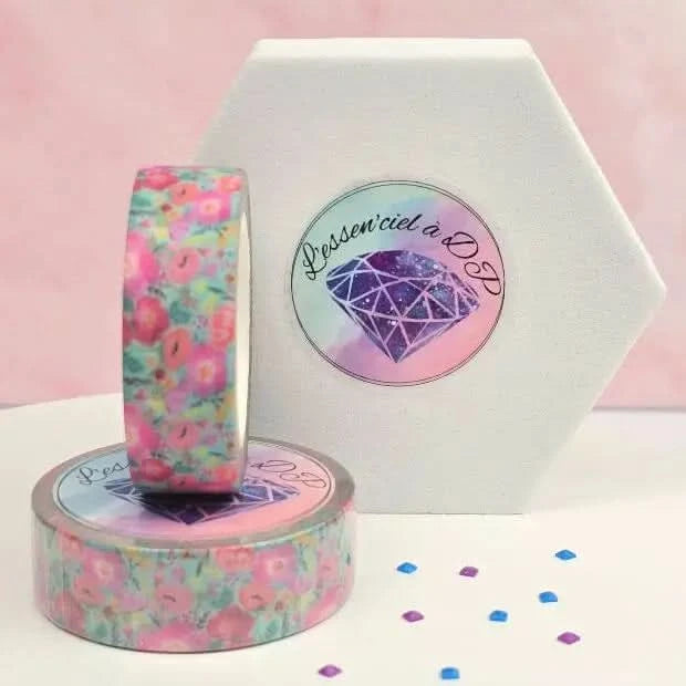 Washi Tape Fleurs d'Été Brillant - Dimension: 5 mètres x 15 mm de largeur - Art Thérapie - Broderie à Diamant - Diamond Painting