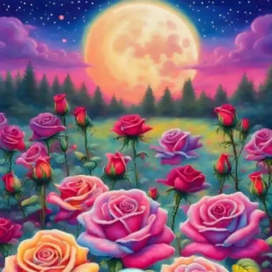 Art Thérapie - Diamond Painting Champ de Roses au Clair de Lune - Broderie à Diamant - Dimension de la toile: 60 x 70 cm - La lune se trouve entre des voiles nuageux et elle éclaire un parterre de roses