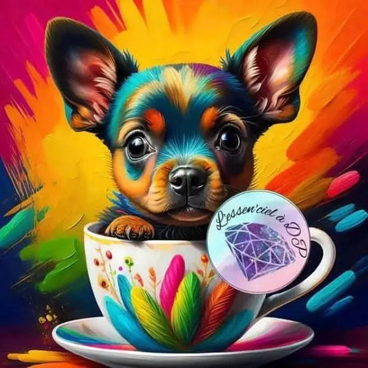 Art Thérapie - Toile Diamond Painting Chien dans une Tasse - Broderie à Diamant - Dimension de la toile: 60 x 60 cm