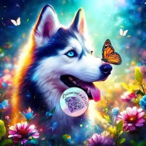 Art Thérapie - Toile Diamond Painting Husky et son Papillon Monarque - Broderie à Diamant - Dimension de la toile: 60 x 60 cm - Ce husky arbore des yeux bleus étincelants entouré de fleurs