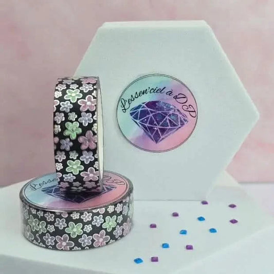 Washi Tape Fleurs Argentées - Dimension: 10 mètres x 15 mm de largeur - Art Thérapie - Broderie à Diamant - Diamond Painting