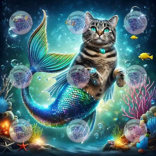Art Thérapie - Toile Diamond Painting Chat Sirène - Broderie Diamant - Dimension de la toile: 60 x 60 cm
