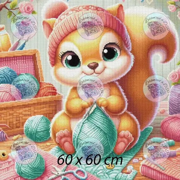 Art Thérapie - Toile Diamond Painting Écureuil tricoteur - Broderie Diamant - Dimension : 60 x 60 cm