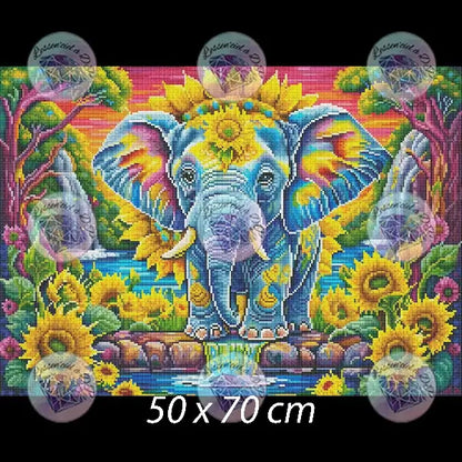 Art Thérapie - Toile Diamond Painting Éléphant tournesol (rendu carré) - Broderie Diamant - Dimension de la toile: 50 x 70 cm